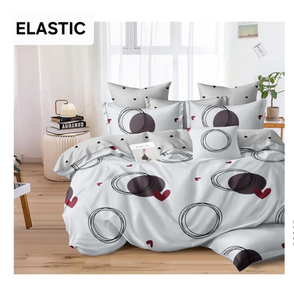 Set Lenjerie Bumbac Satinat 4 Piese Pat Dublu cu Cearșaf cu Elastic – Model Cercuri și Inimi Gri, LDBS-352