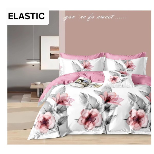 Set Lenjerie Bumbac Satinat 4 Piese Pat Dublu cu Cearșaf cu Elastic – Model Floral Roz și Gri, LDBS-353