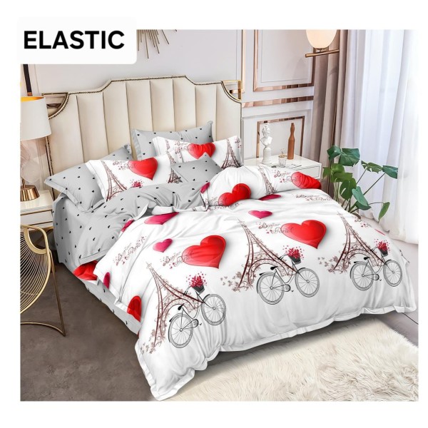 Set Lenjerie Bumbac Satinat 4 Piese Pat Dublu cu Cearșaf cu Elastic – Model Paris Inimioare Roșii, LDBS-354