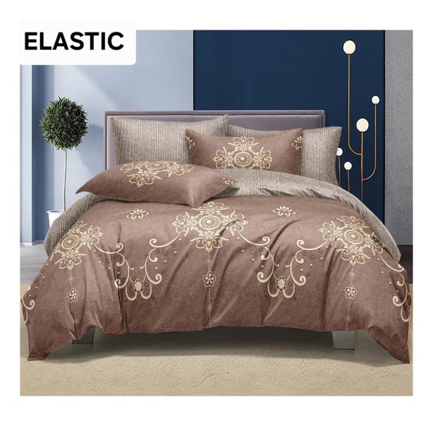 Set Lenjerie Bumbac Satinat 4 Piese Pat Dublu cu Cearșaf cu Elastic – Model Elegant Maro Bej Floral, LDBS-355