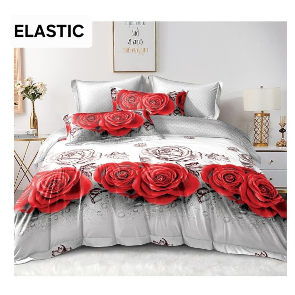 Set Lenjerie Bumbac Satinat 4 Piese Pat Dublu cu Cearșaf cu Elastic – Model Trandafiri Roșii pe Fundal Gri, LDBS-356