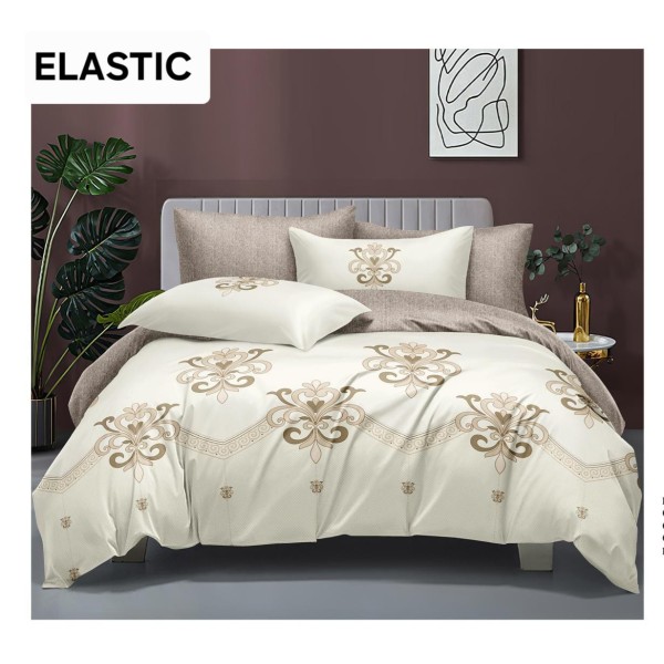 Set Lenjerie Bumbac Satinat 4 Piese Pat Dublu cu Cearșaf cu Elastic – Model Bej Elegant cu Imprimeu Regal, LDBS-357