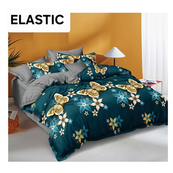 Set Lenjerie Bumbac Satinat 4 Piese Pat Dublu cu Cearșaf cu Elastic – Model Fluturi Aurii pe Fundal Verde, LDBS-358