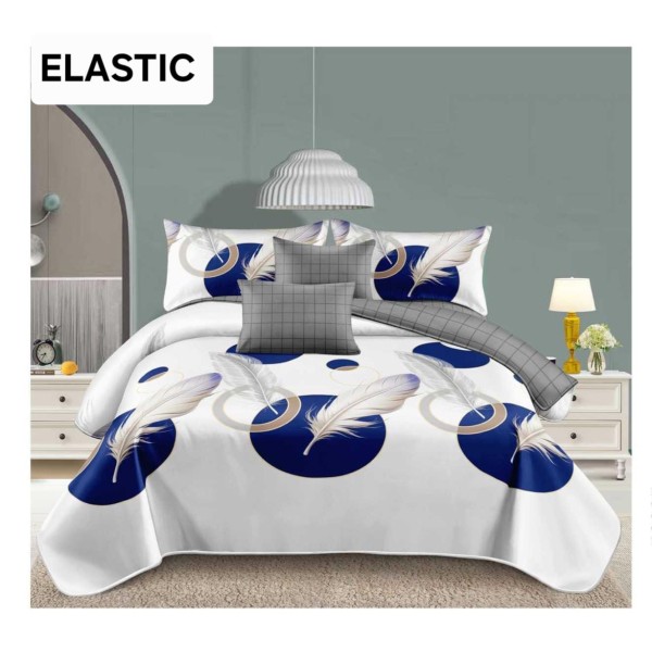 Set Lenjerie Bumbac Satinat 4 Piese Pat Dublu cu Cearșaf cu Elastic – Model Pene Alb-Albastru Regal, LDBS-359