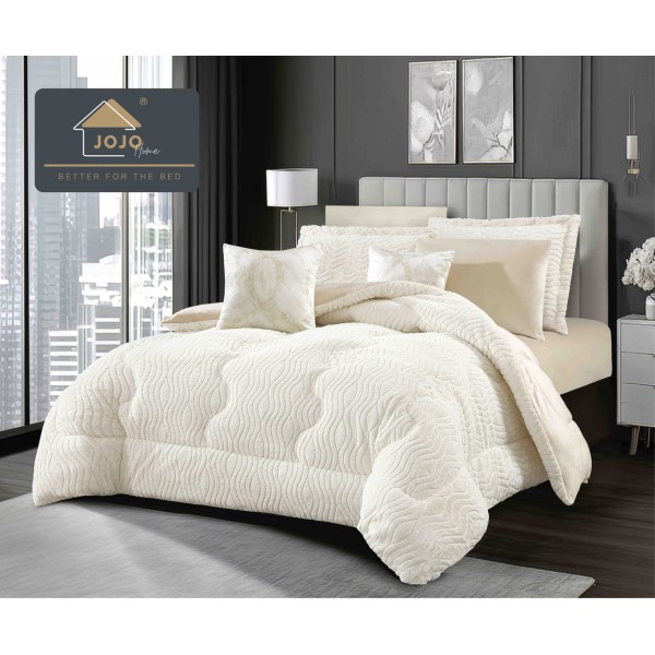 Lenjerie de pat cu pilotă inclusă și cearceaf cu elastic, 6 piese, blană iepure crem – set premium catifelat, LCE-110