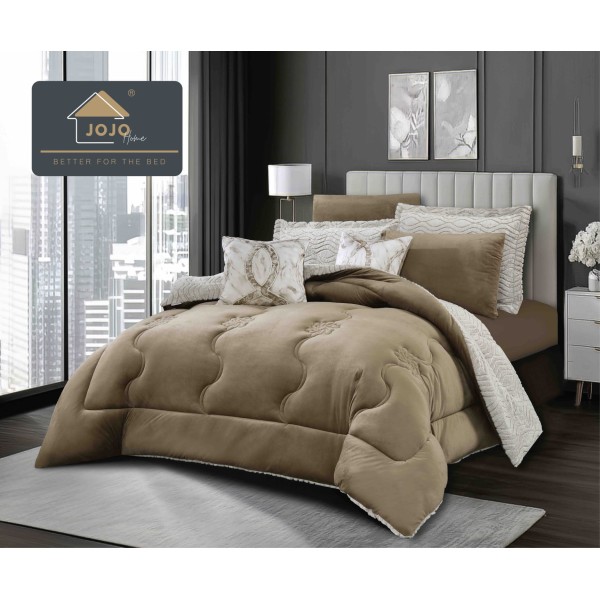 Lenjerie de Pat cu Pilotă Inclusă și Cearceaf cu Elastic – 6 Piese Blană Iepure Artificială, Cappuccino Elegant, LCE-119