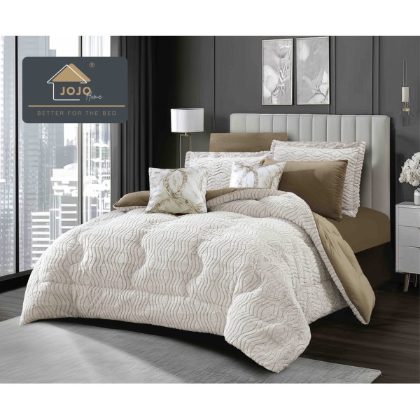 Lenjerie de Pat cu Pilotă Inclusă și Cearceaf cu Elastic – 6 Piese Blană Iepure Artificială, Bej Elegant, LCE-120