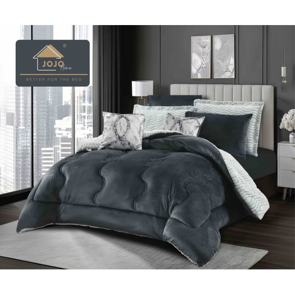 Lenjerie de Pat cu Pilotă Inclusă și Cearceaf cu Elastic – 6 Piese Blană Iepure Artificială, Gri Elegant, LCE-121