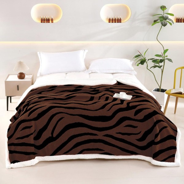 Pătură cu blăniță model zebra maro 200x230 cm Moale și Călduroasă, PBC-066