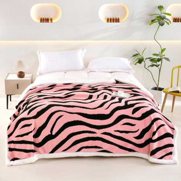 Pătură cu blăniță model zebra roz 200x230 cm Moale și Călduroasă, PBC-070