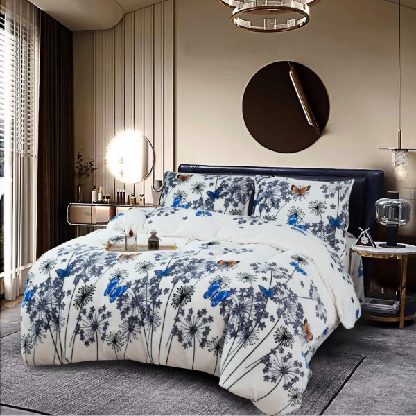 Lenjerie Cocolino Pat Dublu 4 Piese – Model Floral cu Fluturi Albaștri, LDC-022