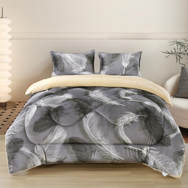 Set Pilota Cocolino 200x230 cm + 2 Fete de Pernă – Model Gri Pene,  PDC-076