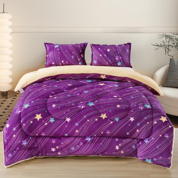 Pilota cu Blăniță 200x230 cm + 2 Fețe de Pernă – Model Mov cu Stele și Dungi Colorate, PDC-129