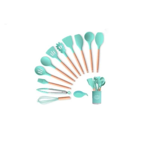 Ustensile gatit bucatarie, 13 piese, antiaderente, silicon cu maner de lemn, turcoaz/natur, OGR-011