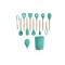 Ustensile gatit bucatarie, 13 piese, antiaderente, silicon cu maner de lemn, turcoaz/natur, OGR-011