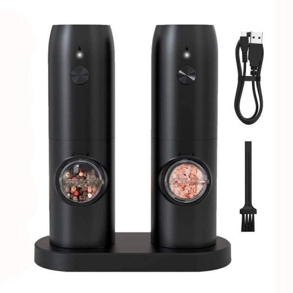 Set 2 Rasnite Electrice Pentru Sare, Piper Sau Alte Condimente, Inoxidabil, Nivel Rasnire Ajustabil, Negru, OGR-010