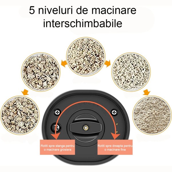 Set 2 Rasnite Electrice Pentru Sare, Piper Sau Alte Condimente, Inoxidabil, Nivel Rasnire Ajustabil, Negru, OGR-010