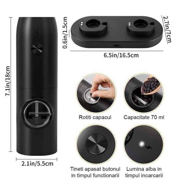 Set 2 Rasnite Electrice Pentru Sare, Piper Sau Alte Condimente, Inoxidabil, Nivel Rasnire Ajustabil, Negru, OGR-010