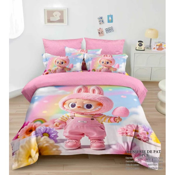 Lenjerie pat dublu 6 piese finet cu elastic – model Labubu roz colorat, LCC-060