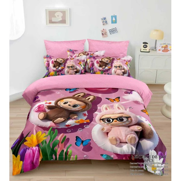Lenjerie pat dublu 6 piese finet cu elastic – model Labubu roz, imprimeu vesel pentru copii, LCC-061