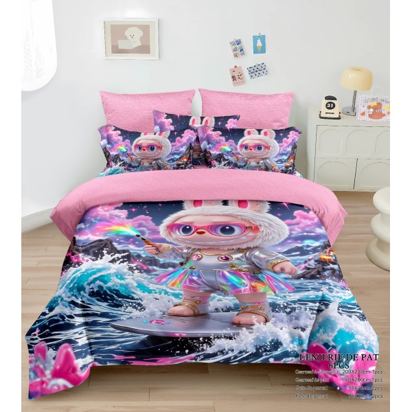 Lenjerie pat dublu 6 piese finet cu elastic – model Labubu roz, colorat, LCC-067