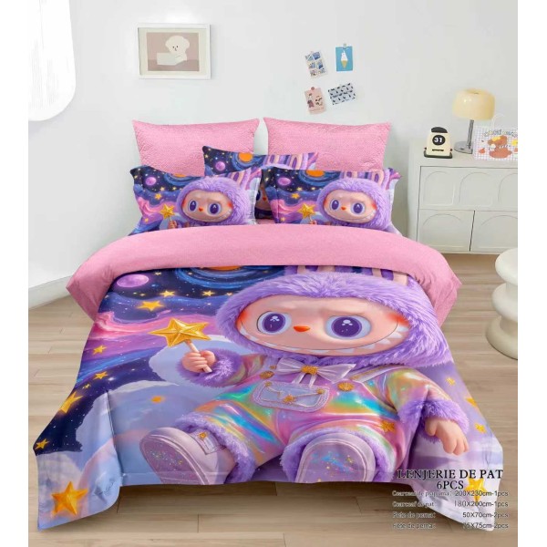 Lenjerie pat dublu 6 piese finet cu elastic – model Labubu roz mov, LCC-072