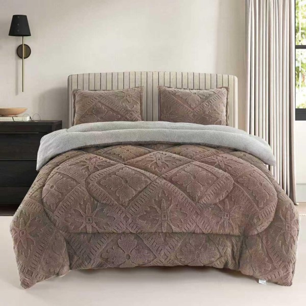 Pilota Cocolino cu Blăniță 200x230 cm+ 2 Fețe de Pernă, Model Geometric Embosat, Maro, PDC-023