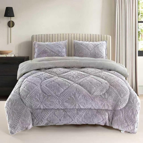 Pilota Cocolino cu Blăniță 200x230 cm+ 2 Fețe de Pernă, Model Geometric Embosat, Gri deschis, PDC-029