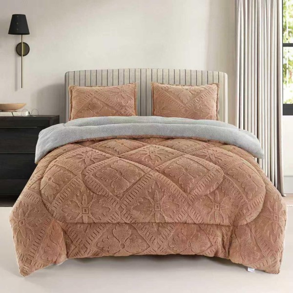 Pilota Cocolino cu Blăniță 200x230 cm+ 2 Fețe de Pernă, Model Geometric Embosat, Maro Cărămiziu, PDC-037