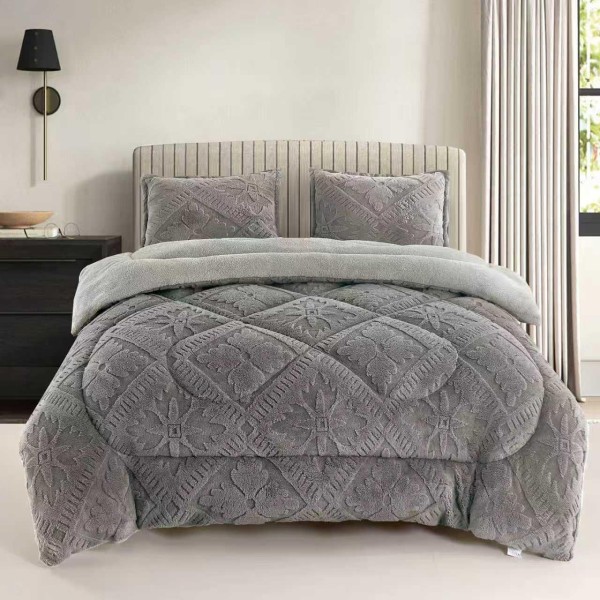 Pilota Cocolino cu Blăniță 200x230 cm+ 2 Fețe de Pernă, Model Geometric Embosat, Gri inchis, PDC-038