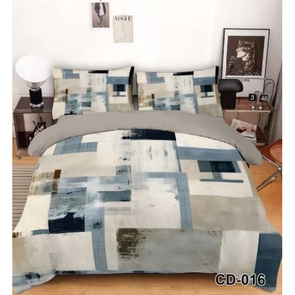 Lenjerie Pat 6 Piese 5D cu Cearșaf Elastic – Model Abstract Modern în Nuanțe Albastru- Gri, LFL-091
