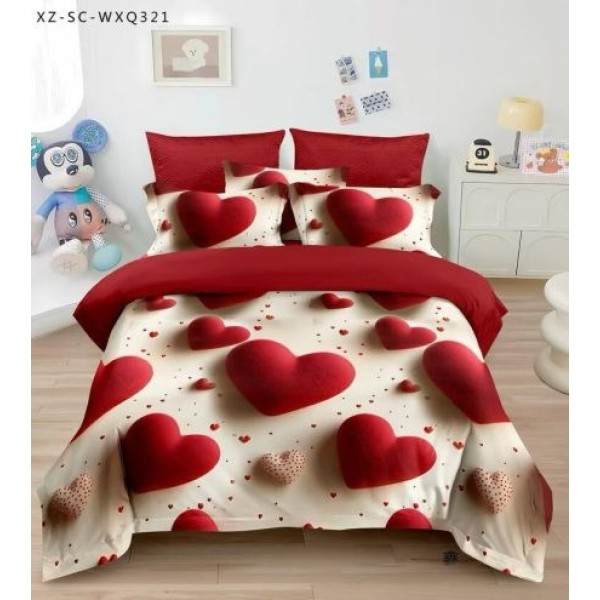 Set Lenjerie de Pat din Finet, 6 Piese, Pat 2 Persoane, Imprimeu 5D – Model Inimi 3D Roșii, LFL-094
