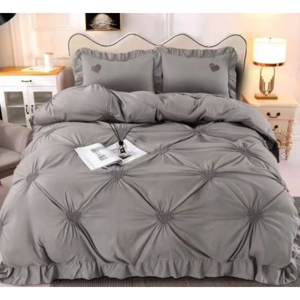 Lenjerie pat dublu finet 4 piese cu pliuri, inimioare și volanase-gri, LIB-035