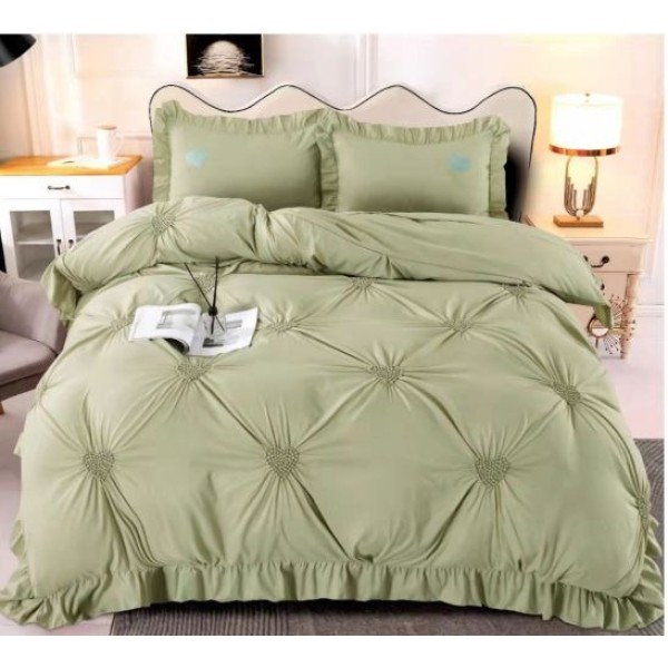 Lenjerie pat dublu finet 4 piese cu pliuri, inimioare și volanase-verde salvie, LIB-038