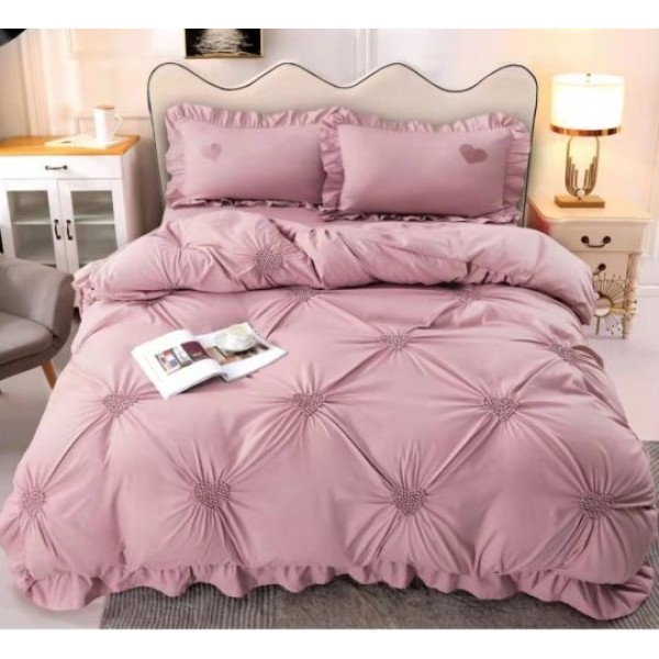 Lenjerie pat dublu finet 4 piese cu pliuri, inimioare și volanase-roz, LIB-039