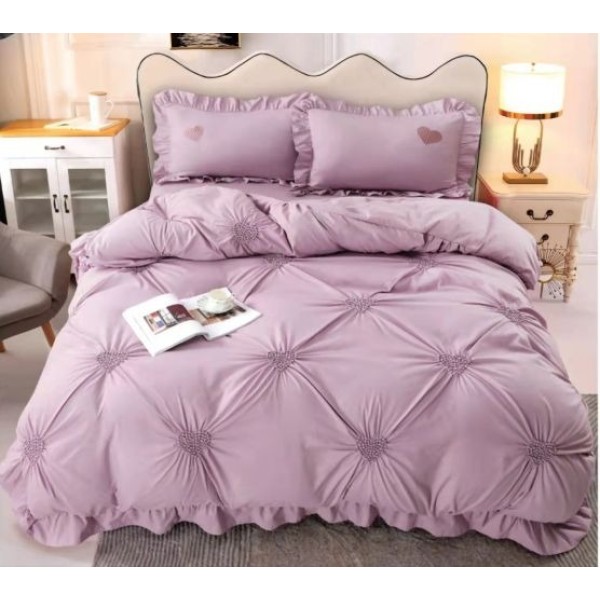 Lenjerie pat dublu finet 4 piese cu pliuri, inimioare și volanase-lila, LIB-040