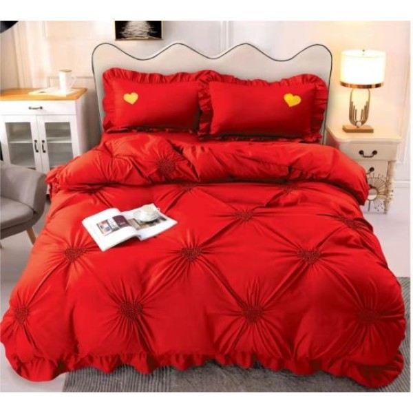 Lenjerie pat dublu finet 4 piese cu pliuri, inimioare și volanase-rosu, LIB-041