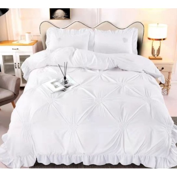 Lenjerie pat dublu finet 4 piese cu pliuri, inimioare și volanase-alb, LIB-042