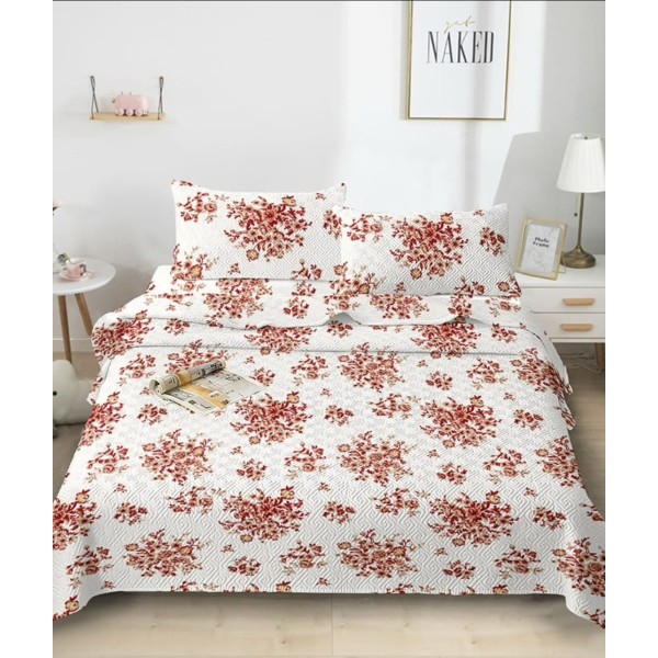 Cuvertură Pat Dublu din Bumbac Satinat cu 2 Fețe de Pernă – Model Floral Elegant, Alb cu Roșu, OCT-049