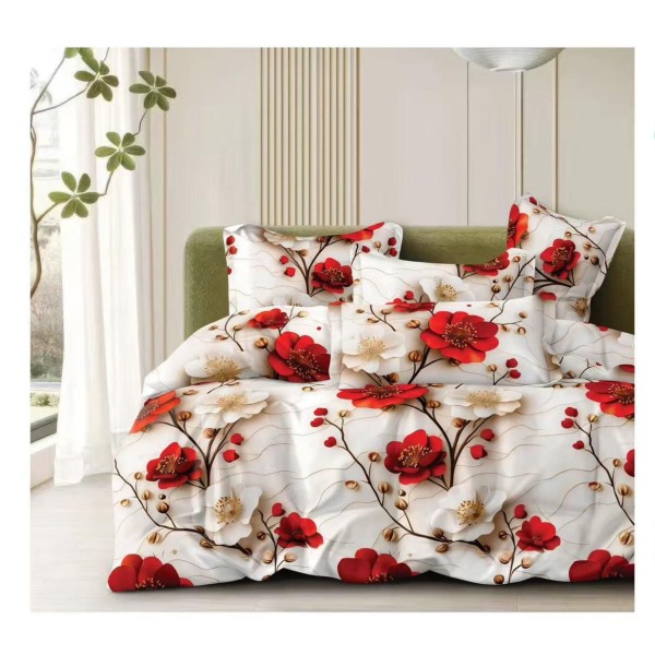 Set Lenjerie Pat Dublu Bumbac Satinat 4 Piese – Model Floral Roșu & Crem, Elegant, LDBS-362