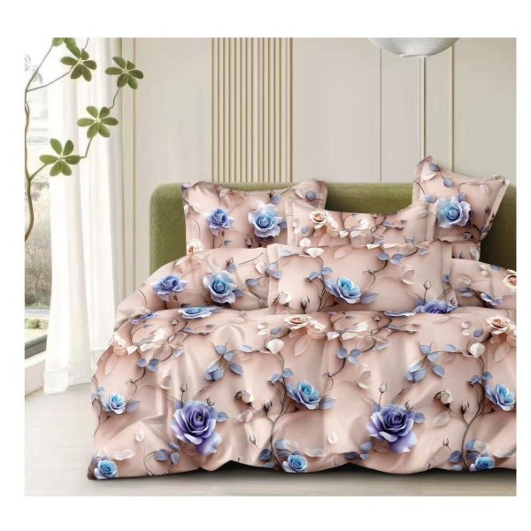 Set Lenjerie Pat Dublu Bumbac Satinat 4 Piese – Model Trandafiri 3D Albastru & Crem, LDBS-259