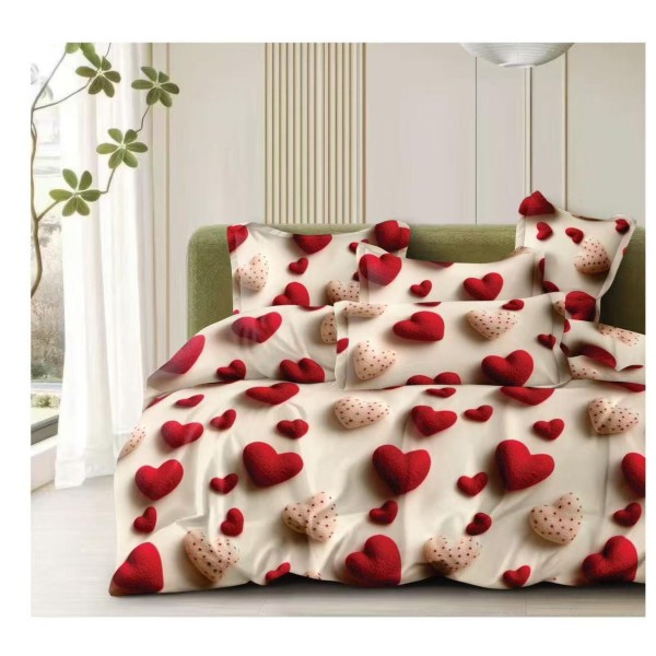 Set Lenjerie Pat Dublu Bumbac Satinat 4 Piese – Model Inimi Roșii, Modern și Romantic, LDBS-261