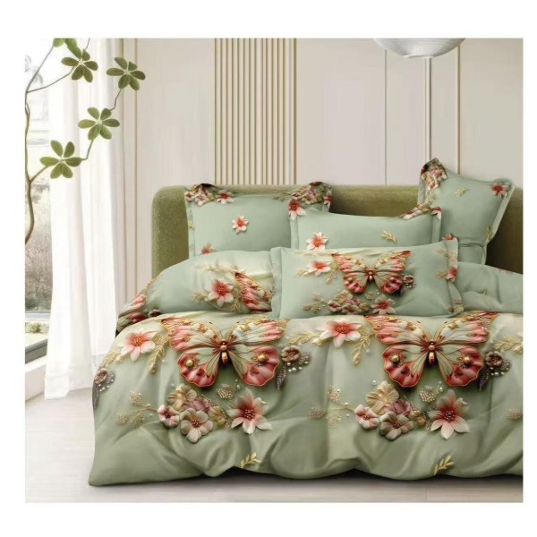 Set Lenjerie Pat Dublu Bumbac Satinat 4 Piese – Model Fluturi și Flori, Verde Mentă, LDBS-361