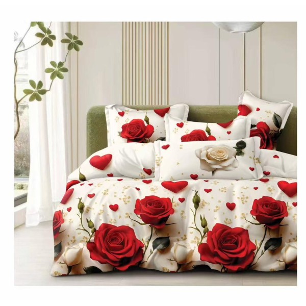 Set Lenjerie Pat Dublu Bumbac Satinat 4 Piese – Model Trandafiri Roșii & Inimioare, Design Romantic, LDBS-360