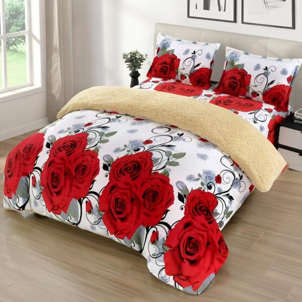 Set Lenjerie Cocolino 4 Piese cu Blăniță și Elastic – Model Trandafiri Roșii pe Fundal Alb, LEC-114