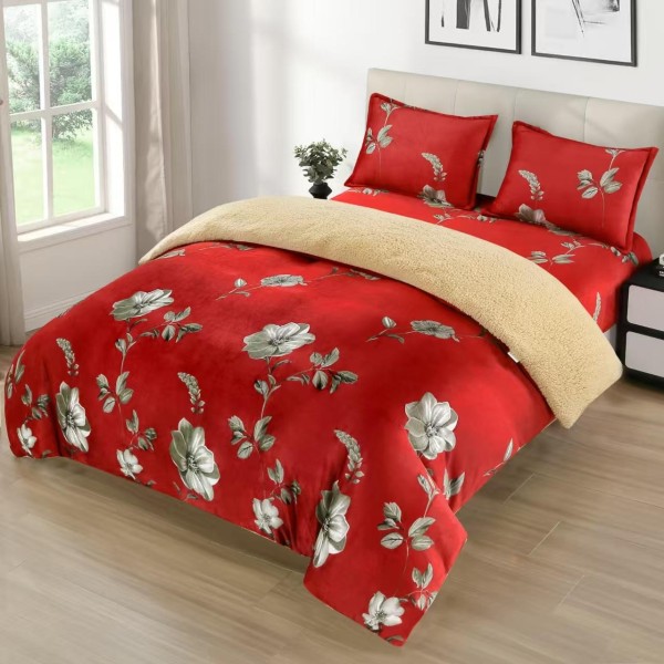 Set Lenjerie Cocolino 4 Piese cu Blăniță și Elastic –  Model Floral Roșu, Pat Dublu, LEC-122