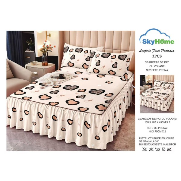 Cearșaf cu volănașe din bumbac finet + 2 fețe de pernă – model animal print crem-negru cu fluturi, LDBS-045