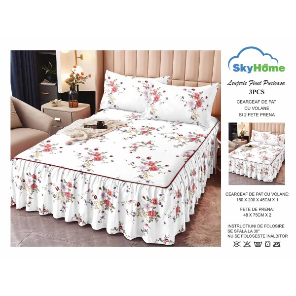 Cearșaf cu volănașe din bumbac finet + 2 fețe de pernă – model floral alb cu flori roz-lila, LDBS-094