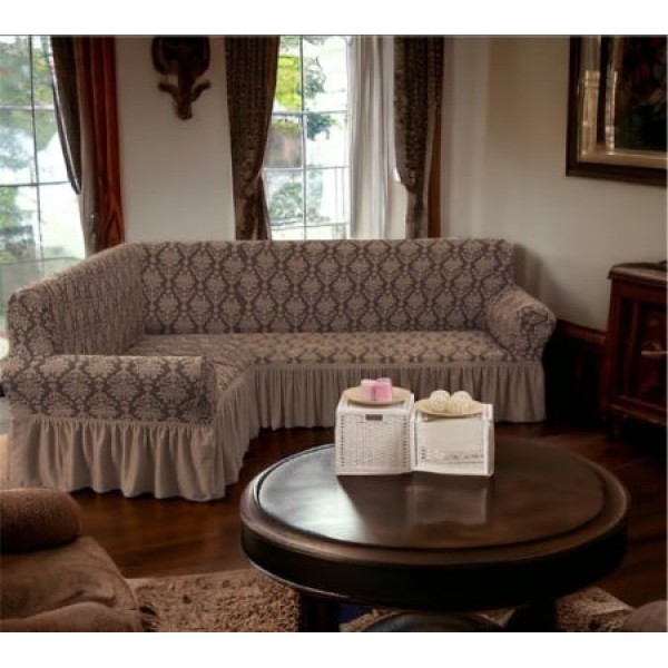 Husa elastica pentru coltar, model Jacquard, cu volanas, Maro deschis, HCJ-062