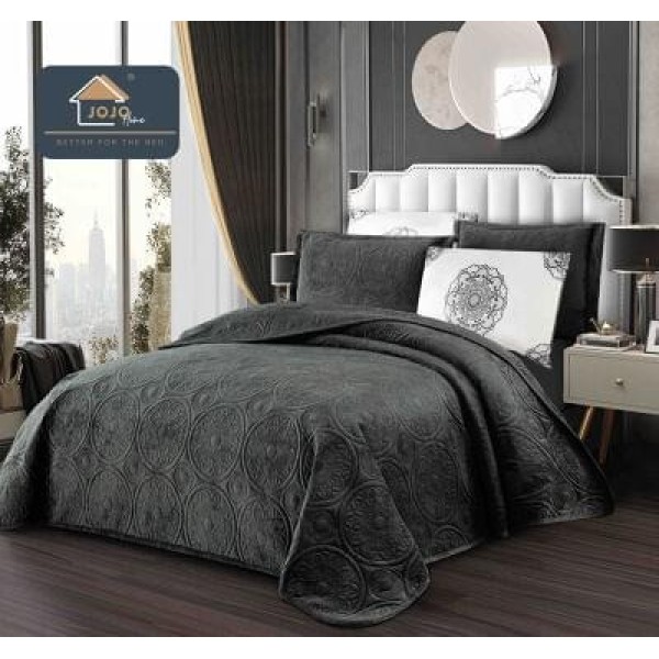 Set Cuvertură Catifea 5 Piese pentru Pat Dublu – Model Gri Inchis Elegant, Matlasată, CJM-001